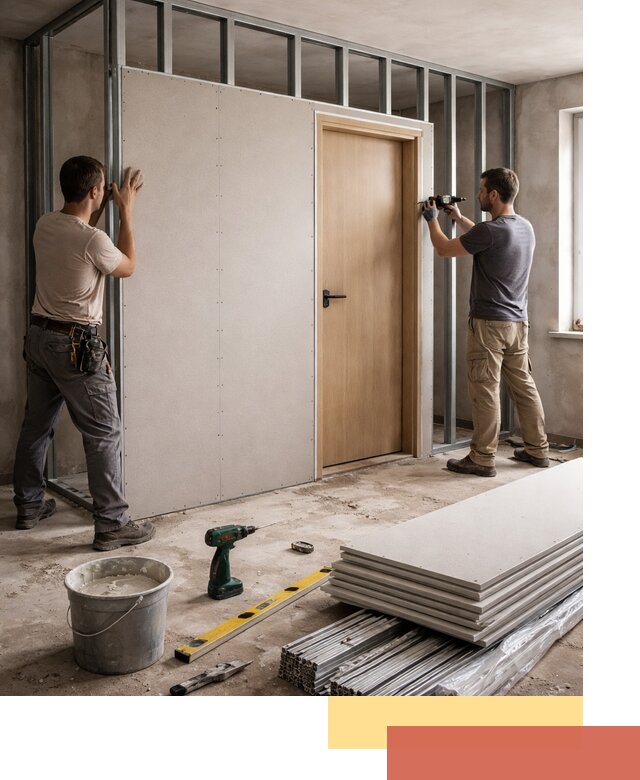 Перегородка из гипсокартона с дверью под ключ в Старом Осколе