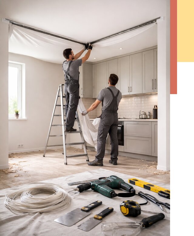 Установка натяжного потолка на кухне в Старом Осколе от 2428 руб. | ОТДЕЛОЧНИК-Срк